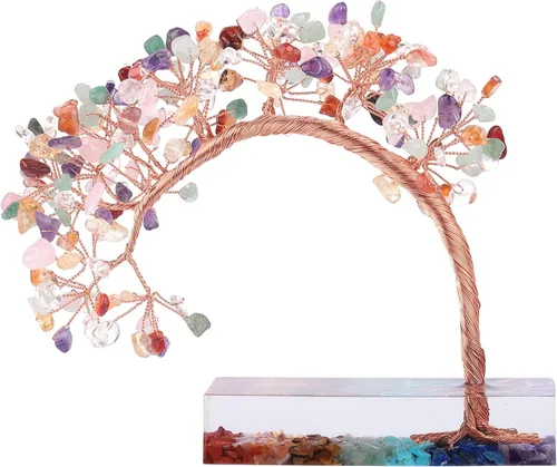 Vista 10 de rockcloud Árbol de dinero de piedra de cristal aguamarina con base de resina de chakras, hecho a mano, árbol bonsái de Feng Shui, decoración de Azul