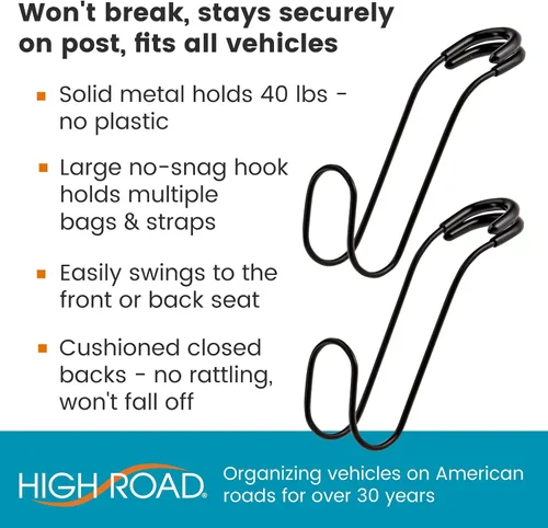 Vista 2 de High Road Ganchos Irrompibles para Bolsas de Automóvil - Grandes, Ganchos de Metal Sólido para Asiento de Automóvil para Bolso, Mochila, Abrigos