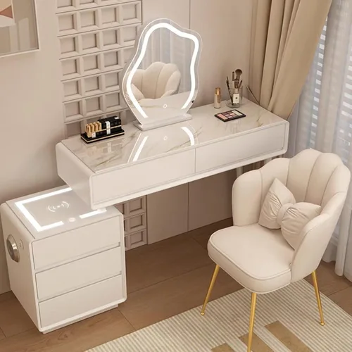 Vista 14 de Tocador con espejo con luces, mesa de tocador con cajones, mesa de maquillaje blanca, 3 modos de iluminación de brillo ajustable, para dormitorio