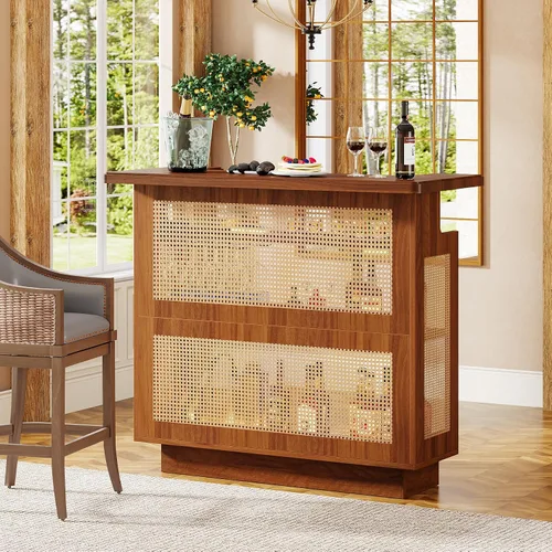 Vista 4 de Tribesigns: unidad de bar para el hogar de ratán, mesa de bar de 4 estantes estilo granja con 4 portavasos y base elevada, gabinete de bar