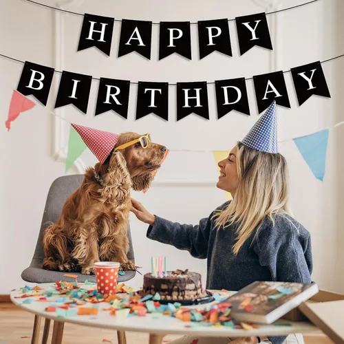 Vista 3 de Hooqict Cartel de feliz cumpleaños negro para telón de fondo, decoraciones de cumpleaños negras para hombres y mujeres, suministros de fiesta