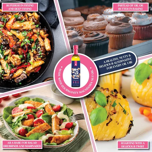Vista 5 de Gourmanity aceite de nuez de macadamia, prensado en frío de fuentes sudafricanas premium, ofrece un rico sabor a mantequilla y es perfecto