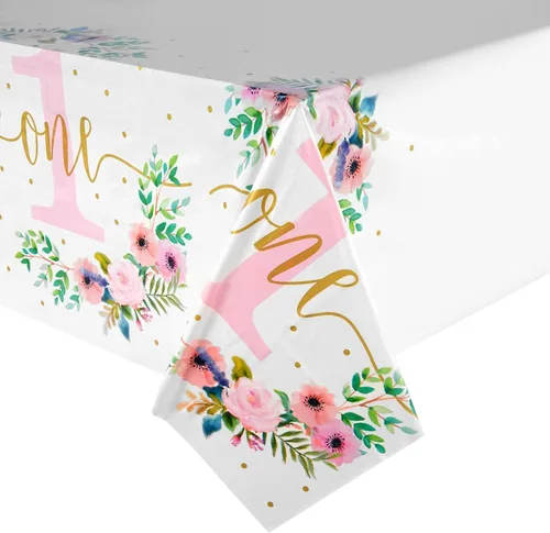 Vista 7 de Paquete de 3 manteles florales de plástico para suministros de fiesta de primer cumpleaños de bebé niña (54 x 108 pulgadas)