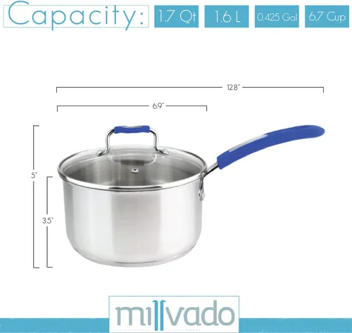 Vista 3 de Millvado Sartén de acero inoxidable de 1.7 cuartos de galón con tapa de vidrio transparente y marcas de medición permanentes, olla de ebullición