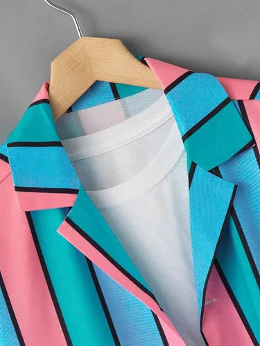 Vista 3 de OYOANGLE Camisa casual de manga corta con botones y estampado de rayas de bloque de color para hombre