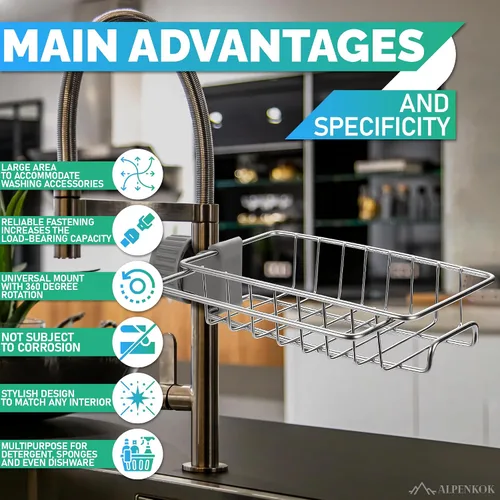 Vista 5 de Soporte de esponja para grifo para fregadero de cocina, se adapta a tubo de 0.78 a 0.98 pulgadas de diámetro, elegante organizador de grifos