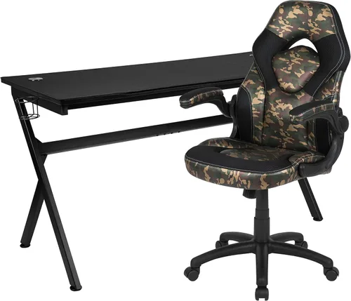 Vista 60 de Flash Furniture Juego de escritorio para juegos negro y silla de carreras blanco/negro con soporte para tazas, gancho para auriculares y soporte