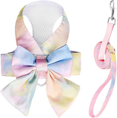 Vista 8 de PETCARE Lindo Juego de Arnés y Correa con Moño para Perro y Gato Elegante Arnés de Gradiente Arcoíris para Cachorros sin Tirones Arnés Suave de Rosa