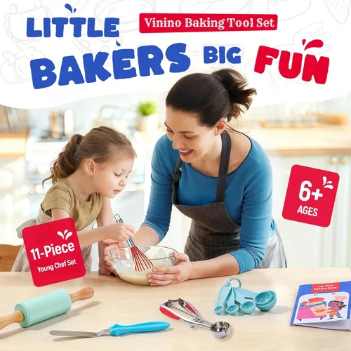 Vista 2 de Vinino Juego de 11 piezas para hornear y cocinar para niños, utensilios de hornear reales con libros de cocina para niños, accesorios de cocina