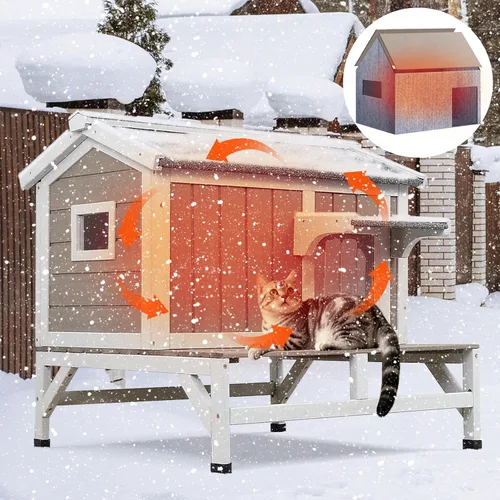 Vista 9 de PetsCosset - Casa Aislada para Gatos al Aire Libre con Balcón, Aislamiento Total, Resistente a la Intemperie, Exterior, Refugio para Gatos Ferales