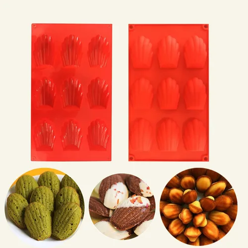 Vista 9 de Molde de Madeleine de 9 cavidades, 2 moldes de silicona antiadherentes, molde para hornear pastel con forma de concha (rojo ladrillo)