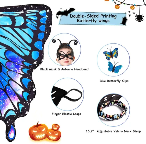 Vista 4 de Tibeha ButterflyWingsforWomen Kids - Double-SidedPrintingCostumeHalloweenGirls CapewithMaskandAntennaHeadband