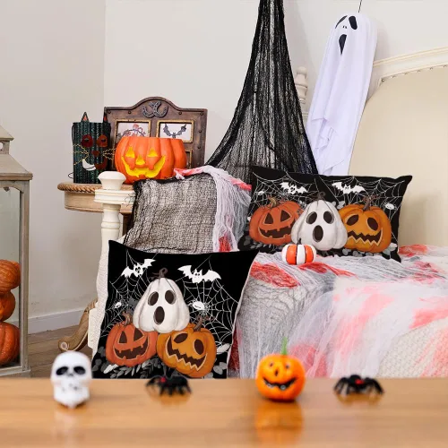 Vista 4 de AACORS AA601-16 - Funda de almohada de Halloween de 16 x 16 pulgadas, decoración de tela de murciélago de Jack-o'-Lantern, fundas de almohada