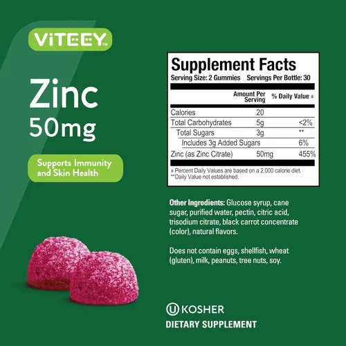 Vista 4 de Viteey Gomitas de zinc para hombres y mujeres - Suplementos de zinc 50mg Impulso inmunológico y salud de la piel, vegano, sin gluten, 60