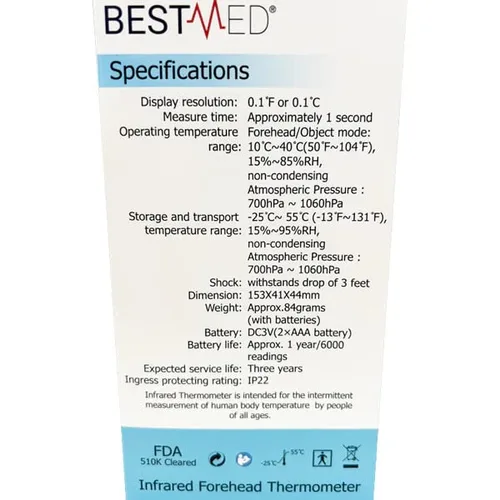 Vista 5 de BESTMED - Termómetro infrarrojo de 1 segundo lectura para niños y adultos DET-306 para frente Indicador de 3 colores, sin contacto Alarma