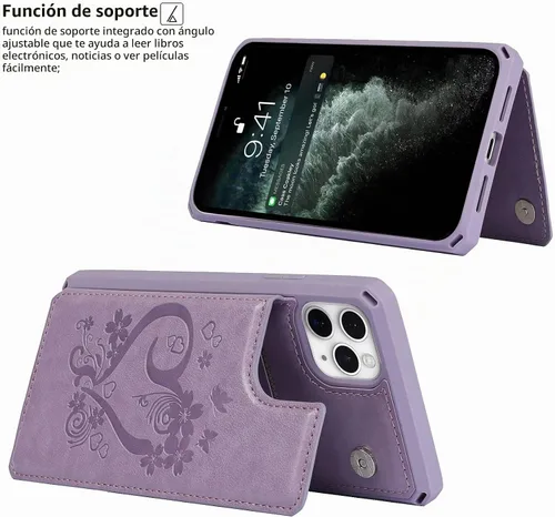 Vista 6 de iCoverCase Funda compatible con iPhone 11 Pro Max con tarjetero para mujer, bloqueo RFID en relieve, piel sintética con correa de muñeca para 11pro