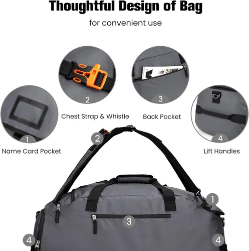 Vista 4 de G4Free Bolsa de gimnasio de 60 L, bolsa de lona de 3 vías con compartimento para zapatos y bolsillo húmedo para hombres y mujeres, mochila de lona