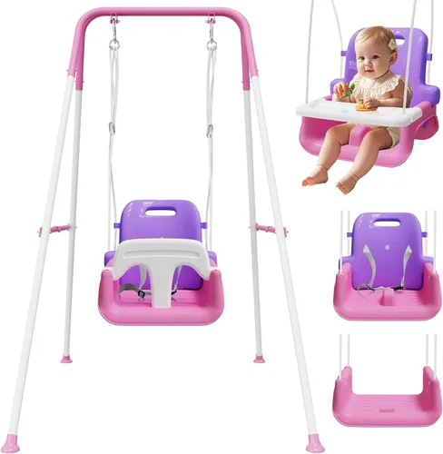 Vista 11 de Columpio mejorado para niños pequeños con bandeja, columpio para bebé al aire libre con diseño desmontable, cinturón de seguridad, marco plegable