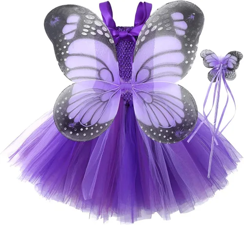 Vista 2 de FEESHOW Disfraz de princesa de hada de mariposa, alas de tutú y varita para niñas pequeñas, disfraz de Halloween
