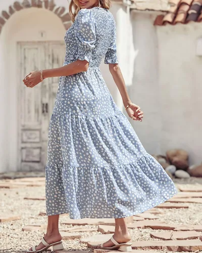 Vista 108 de BTFBM Vestidos para mujer, cuello redondo, casual, de verano, con volantes, manga corta, bohemio, con niveles, fruncido, largo, con estampado floral