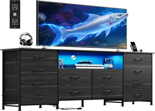 Vista 12 de WLIVE Cómoda de 12 cajones para dormitorio, cómoda negra para TV de 65, 70, 75 pulgadas con luz LED y estación de carga, cómoda ancha con estantes