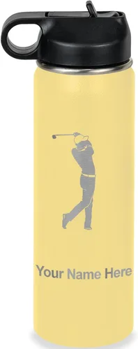 Vista 22 de LaserGram Botella de agua personalizada, golfista de golf, acero inoxidable de doble pared aislada al vacío con popote superior, regalo grabado Negro