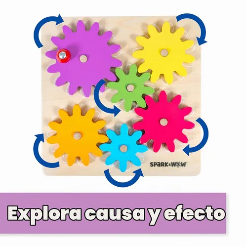 Vista 6 de Spark & Wow Spinny Gears - Tabla de engranajes de madera con 6 piezas en 3 tamaños Juguetes de causa y efecto Crea combinaciones coloridas