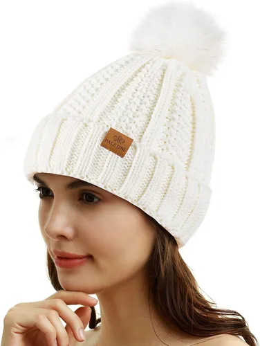 Vista 2 de PAGE ONE Womens Winter Thick Cable Knit Beanie Faux Fur Pom Hat Fleece Lined Skull Cap