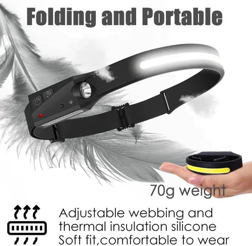 Vista 5 de CATO - Linterna frontal ligera, recargable por USB, luz ancha súper brillante e interruptor de luz de enfoque, impermeable, de silicona suave