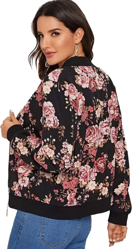 Vista 2 de MakeMeChic Chaqueta de béisbol de manga larga con estampado floral para mujer