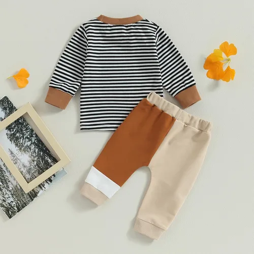 Vista 7 de Engofs Conjunto de ropa de otoño e invierno para bebé y niño pequeño, sudadera de manga larga a rayas y pantalones