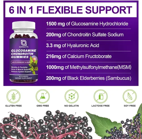 Vista 3 de Gomitas de condroitina de glucosamina – 1 paquete, extra fuerte 1500 mg de glucosamina con MSM y saúco, apoyo de flexibilidad, el mejor suplemento