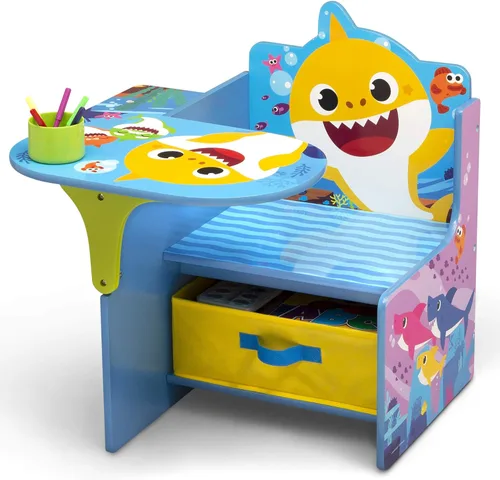Vista 3 de Escritorio con silla Baby Shark con compartimento de almacenamiento - Ideal para artes y manualidades, hora de merienda, educación en casa, tareas
