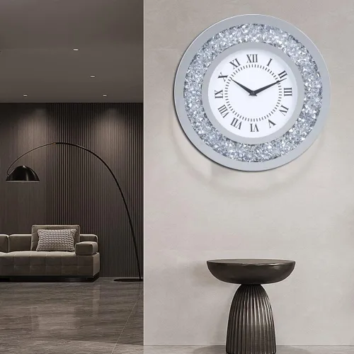 Vista 5 de Reloj de pared grande con espejo plateado brillante brillante brillante con diamantes para decoración de pared, espejo de cristal plateado