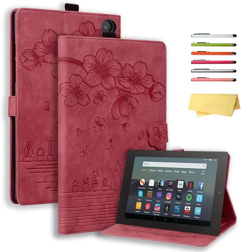 Vista 26 de Funda para tableta Amazon Kindle Fire HD 8 (8ª/7ª/6ª generación, 2018/2017/2016), con portalápices, bolsillo para tarjetas, imán de piel sintética