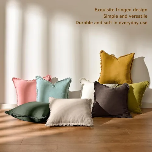 Vista 4 de Paquete de 2 fundas de almohada de lino con borlas con flecos decorativas rústicas naturales para cojín de sofá, sofá, dormitorio 16 x 16 pulgadas