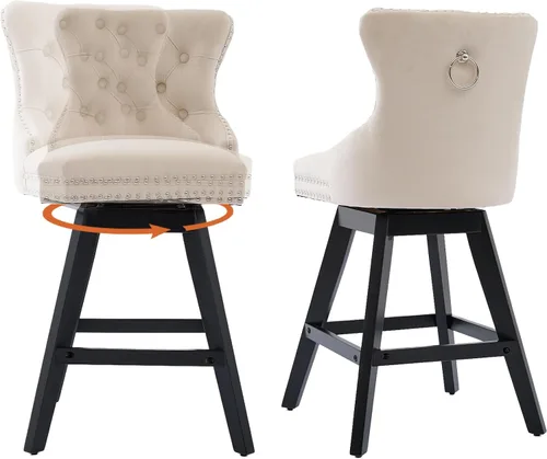 Vista 24 de Juego de 2 taburetes de bar giratorios modernos, taburetes de bar de 26.6 pulgadas de altura de mostrador beige con respaldo para isla de cocina