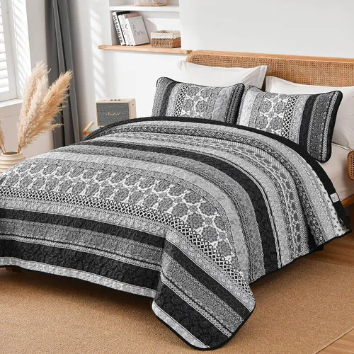 Vista 2 de WONGS BEDDING Juego de Edredón Boho Tamaño Full, Juego de Edredones Bohemios Grises de 3 Piezas, Juego de Ropa de Cama Cubrecama de Microfibra Negro
