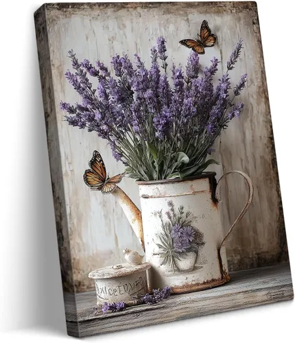 Vista 32 de gaosoul Arte de Pared de Lienzo de Granja Pintura de Campo Francés con Ramo de Lavanda Mariposas Fondo de Madera Envejecida Póster Floral Enmarcado