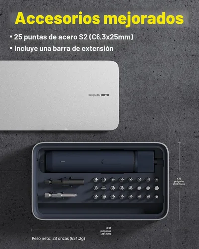 Vista 2 de HOTO Kit de destornillador eléctrico mejorado de 25 piezas, hexagonal de 1/4 pulgadas, tapa magnética, destornillador inalámbrico recargable de 1500