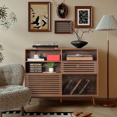 Vista 3 de Jluomei Soporte grande para tocadiscos, soporte para tocadiscos de mediados de siglo con puertas y estación de carga, mesa para tocadiscos