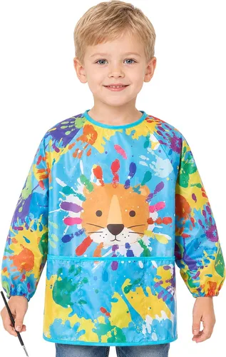 Vista 14 de WERNNSAI Bata de arte para niños impermeable con manga larga y 3 bolsillos de pintura