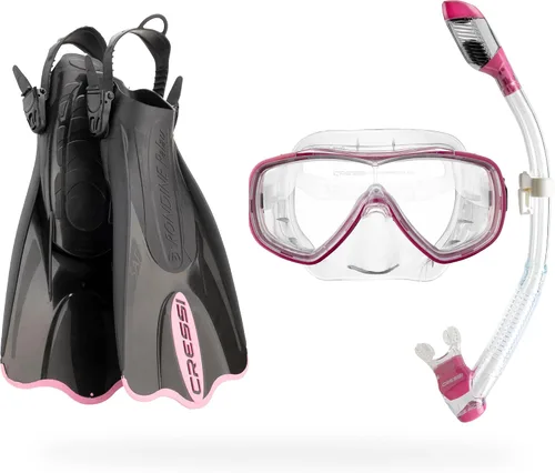 Vista 11 de Cressi Juego de esnórquel de viaje ligero premium para todas las edades, aletas ajustables + máscara de silicona + snorkel seco - Juego Palau SAF