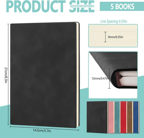 Vista 2 de LELE LIFE Paquete de 5 cuadernos rayados, cómodos diarios de cuero suave a granel para escribir mujeres y hombres, cuadernos A5 para trabajo, Negro