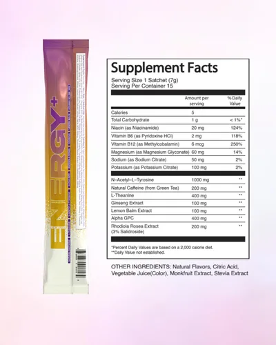 Vista 2 de Raised Energy+ Mezcla de bebida nootrópica 200 mg de cafeína natural + L-teanina cero azúcar Polvo de energía limpia para concentración