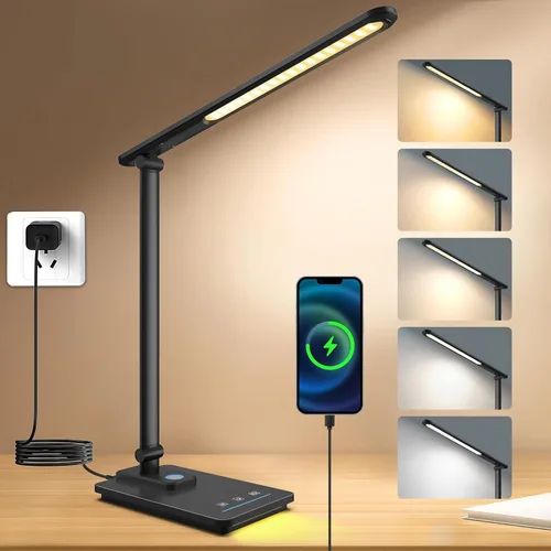 Vista 13 de Lámpara de escritorio LED para oficina en casa, puerto de carga USB, luz de escritorio de lectura con 5 temperaturas de color, atenuación continua