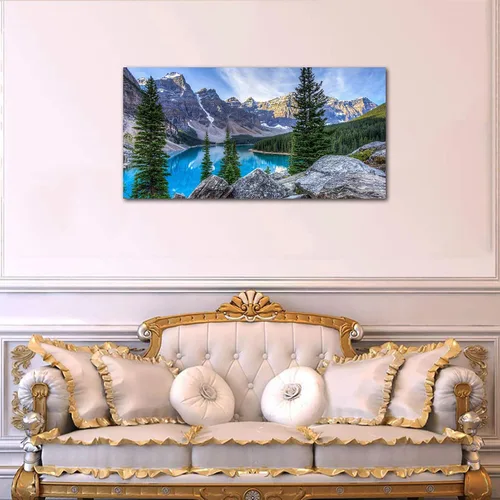 Vista 7 de Lienzo decorativo para pared, diseño de lago de montaña, ilustraciones de naturaleza grande, lago Moraine alimentado glacialmente, parque nacional