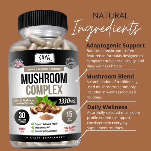 Vista 5 de Kaya Naturals Complejo de hongos premium potente, cápsulas complejas de hongos de 1995 mg por porción, ayuda a la claridad mental que apoya
