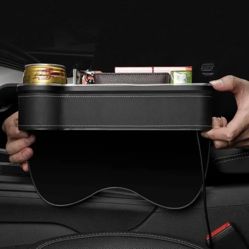 Vista 5 de Tumecos Organizador de espacio para asiento de automóvil con luz multifuncional con portavasos pequeño, organizador de asiento de automóvil, relleno