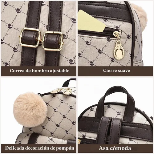 Vista 5 de I IHAYNER Mochila de moda para niñas, mini mochila para mujeres, adolescentes y niñas, monederos de piel sintética con pompón, bolsa de hombro Beige